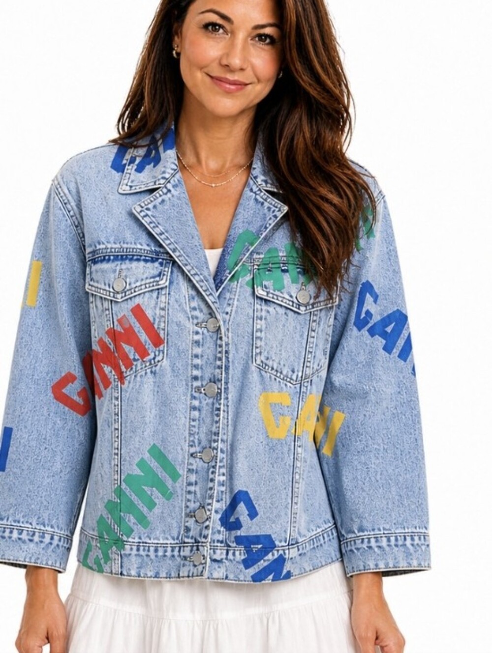 Ganni Light Blue Denim Jacket with Graffiti-style Logo